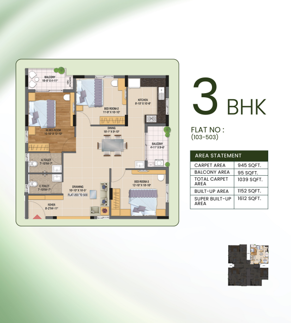 Laxmi Heritage 3 BHK floor plan for flats 103 to 503